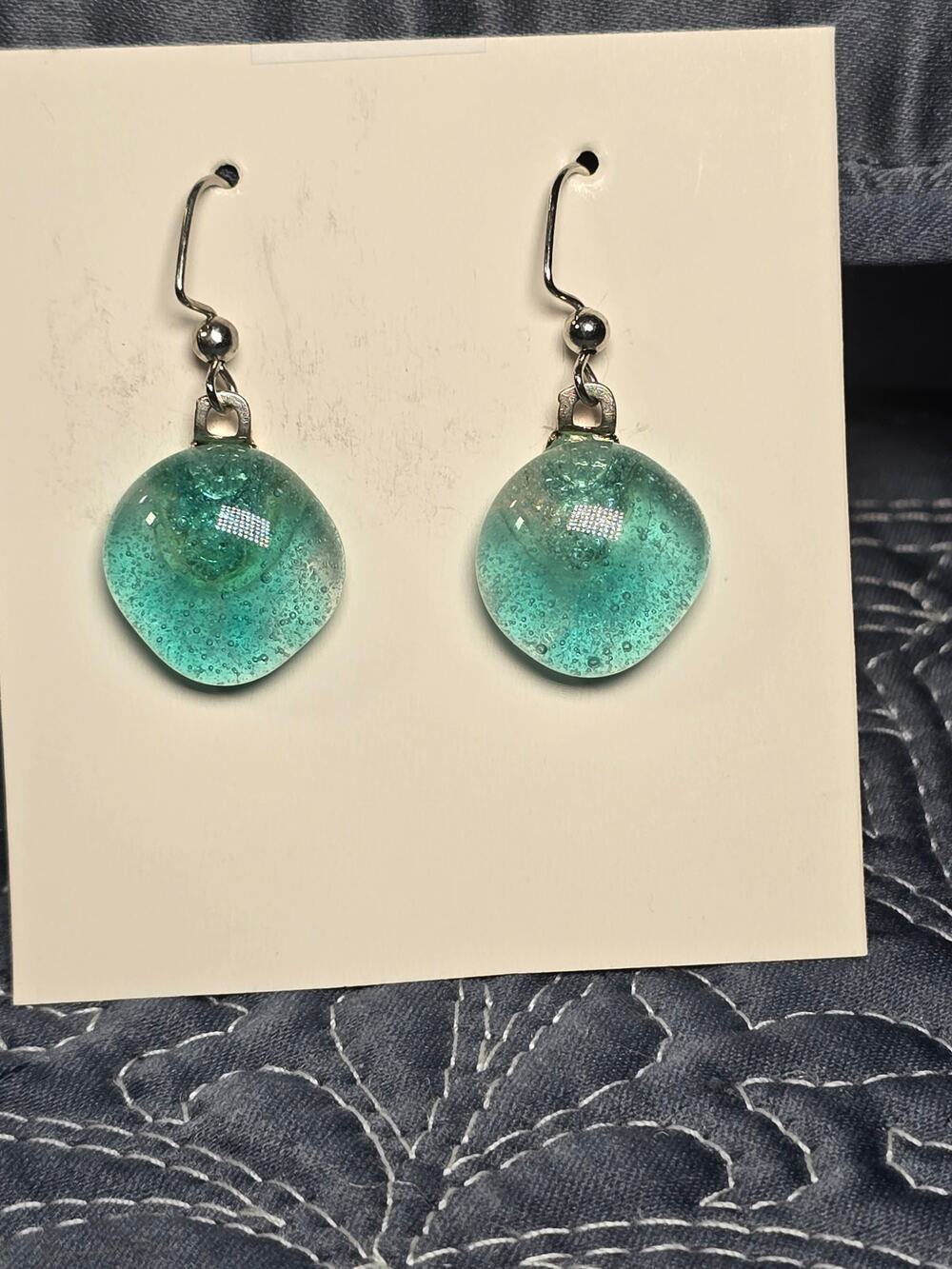 Emerald Green Glass Drop Earrings Faceted Disc Dangle Lightweight Minimal